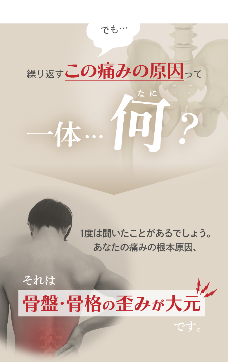 でも…繰り返すこの痛みの原因って一体…何？それは骨盤・骨格の歪みが大元です